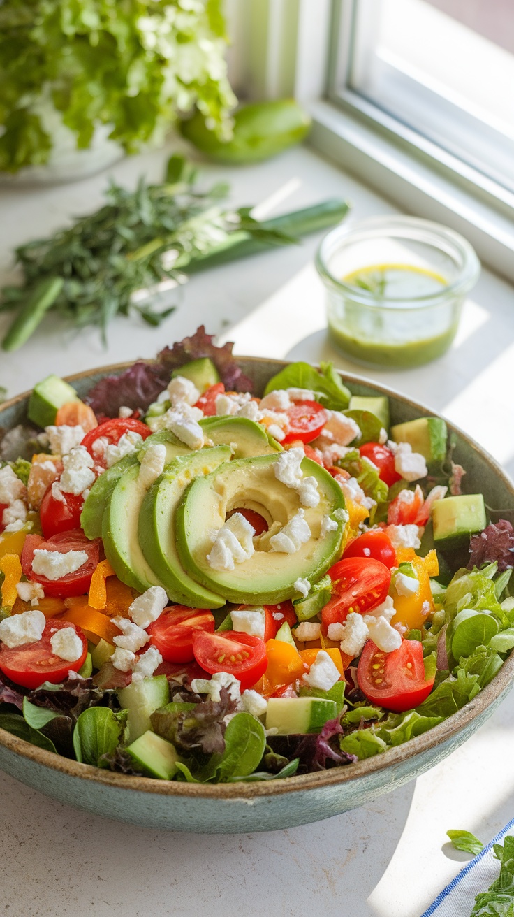 A colorful bowl of spring salad with mixed greens, cherry tomatoes, cucumbers, bell peppers, avocado, and feta cheese.